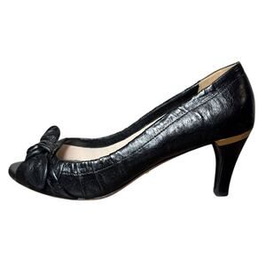 PRADA Peep Toe Heels‎ Women 37.5 Black Leather Classic Luxury Vintage Pinup Logo